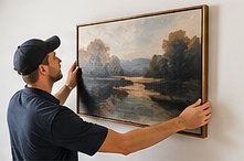 Large framed wall art hung level and secured