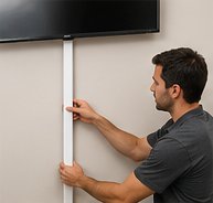 Surface-mounted cord cover routing TV cables down the wall