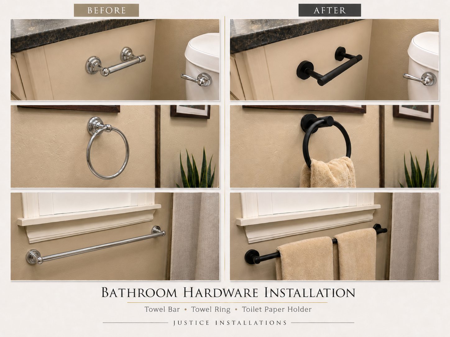 Before and after of a matte black bathroom hardware set: towel bar, towel ring, and toilet paper holder