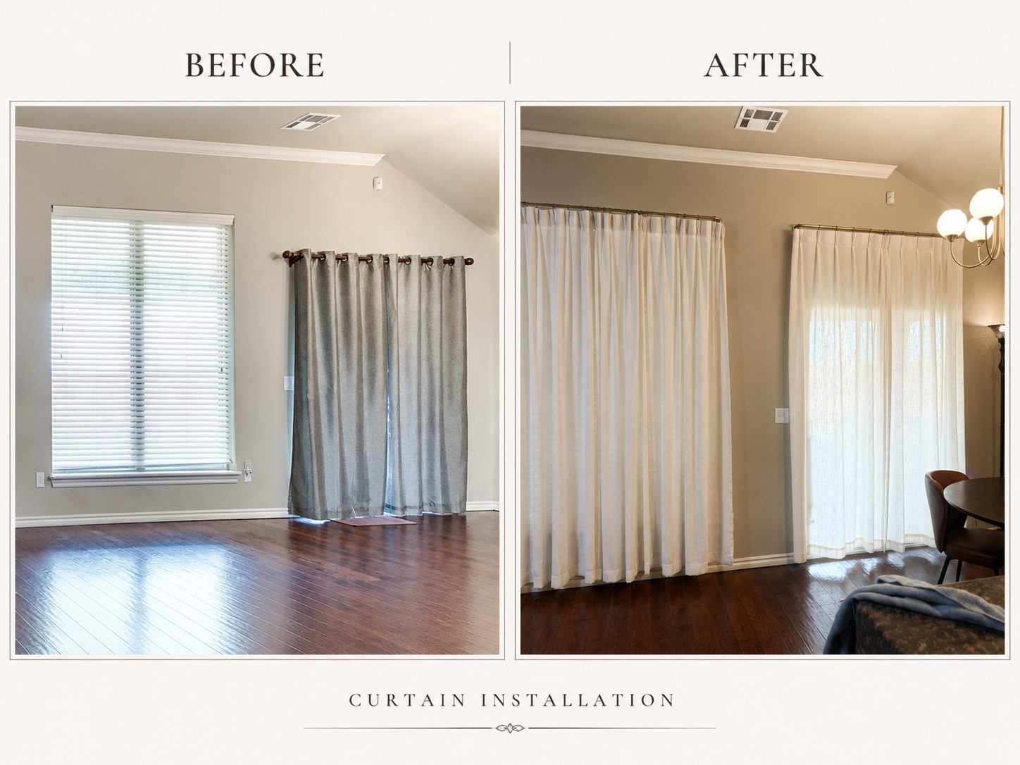 Before and after of curtain rod and drapery installation in an Oklahoma City area home