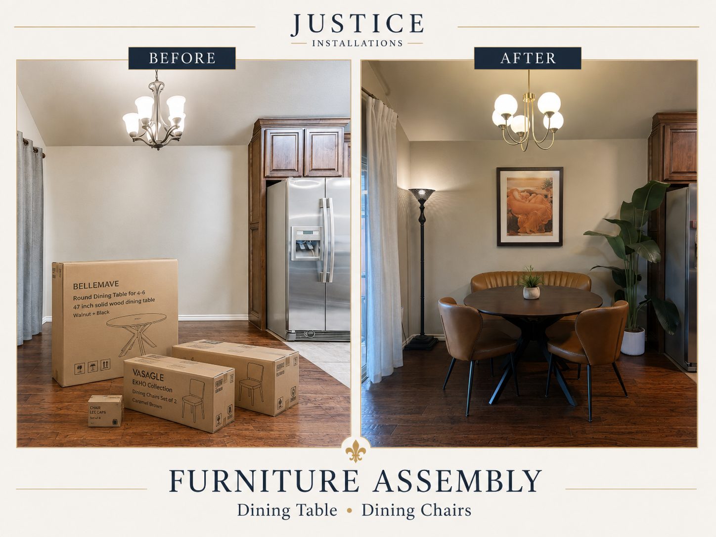 Before and after of dining table and chair assembly from boxed flat-pack to finished dining set