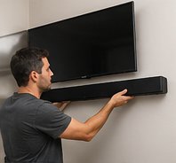 Soundbar mounted beneath a wall-mounted TV